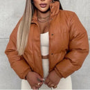 Jaqueta Puffer Feminina de Couro Forrada com Capuz